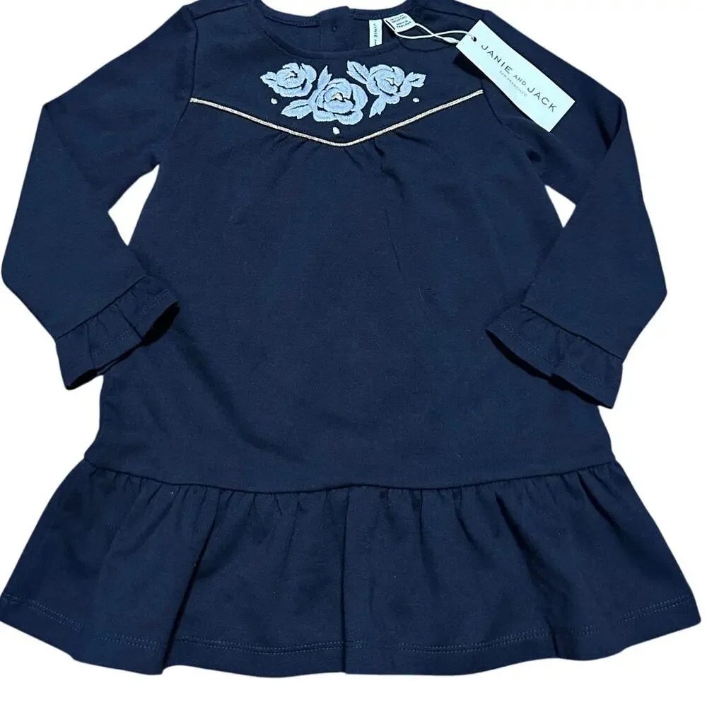 Janie and Jack | NWT Blue Rose Embroidered Long Sleeve Dress 18-24 months